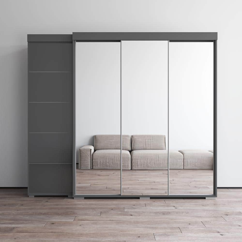 Meble Furniture Aria 94-Inch Extra-Large Mirrored Wardrobe - 3 Full-Length Mirror Doors Glass Front European Armoire System