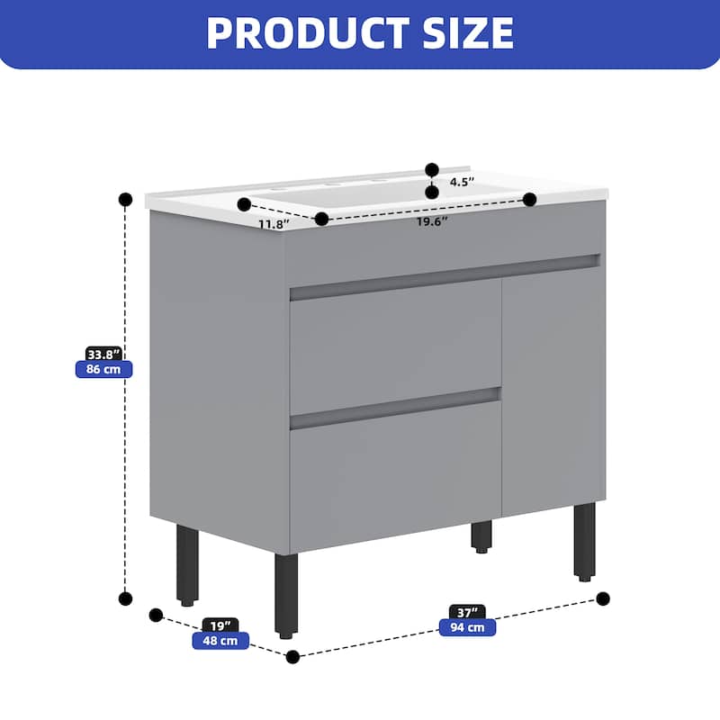 Moasis 37"/24"/16" Wide Bathroom Vanity with Top Mount Sink and Soft Close Door Modern Gray Design