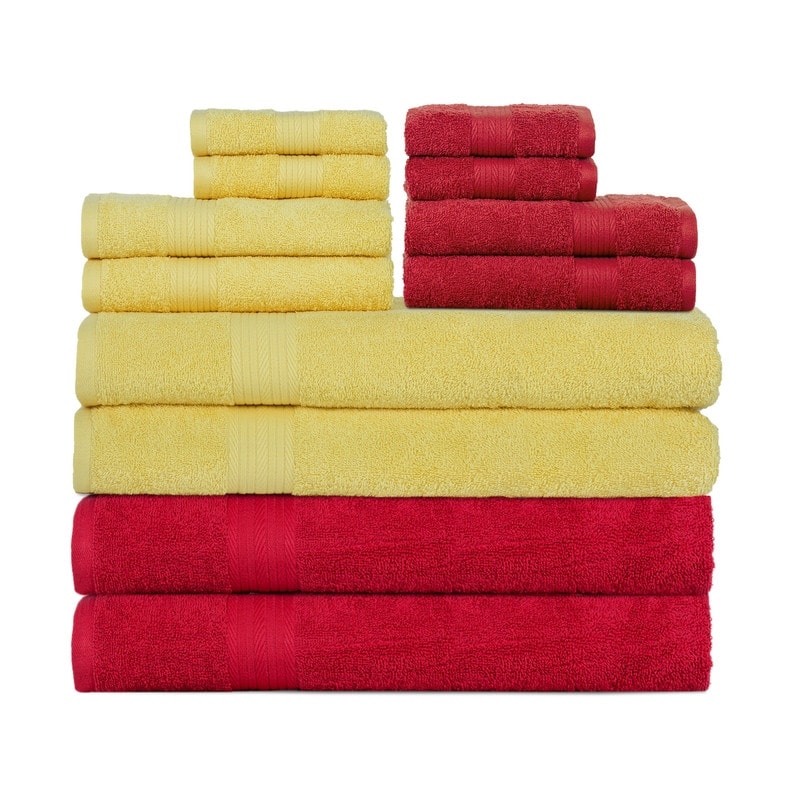 Cotton 600GSM Bathroom Towel Set 12 Pcs Assorted Color by Ample Decor - 4Bath 4Hand 4Wash - Red - Yellow