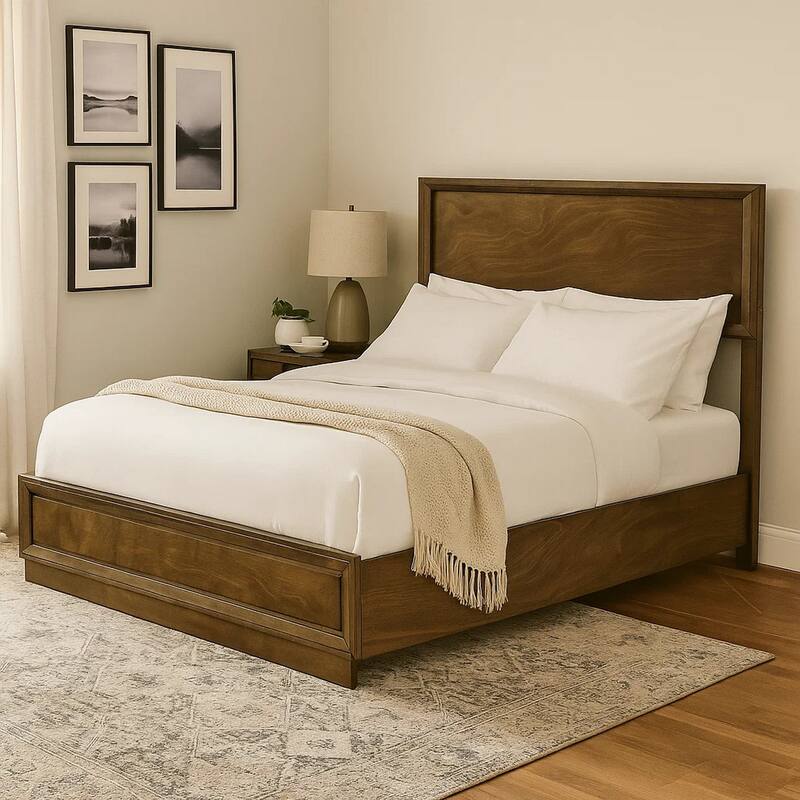 Rouk Queen Size Bed w Panel Headboard, Walnut Brown Okume Veneer