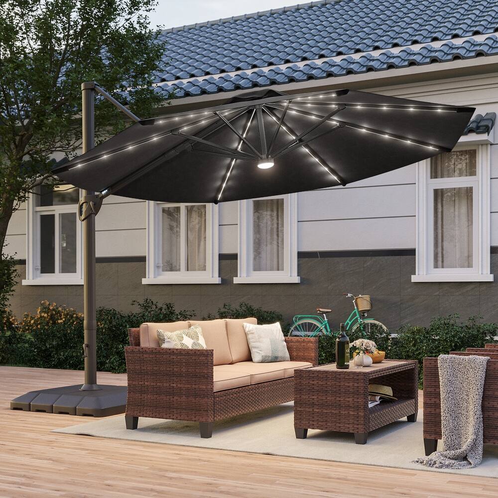 Bonosuki 11Ft Aluminum LED Cantilever Patio Umbrella with Base for Patio Deck Garden