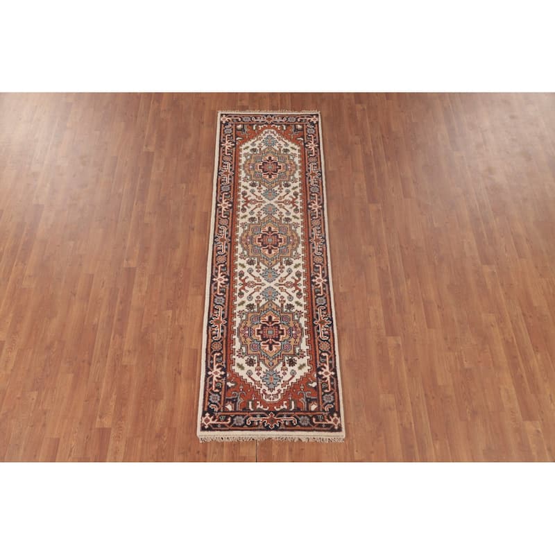 Geometric Beige Heriz-Serapi Oriental Runner Rug Handmade Wool Carpet - 2'6"x 8'0"