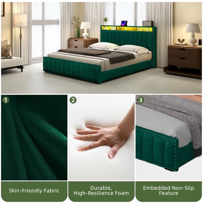 Full / Queen / King Size Platform Bed Frame with Upholstered Storage Headboard and 4 Drawers