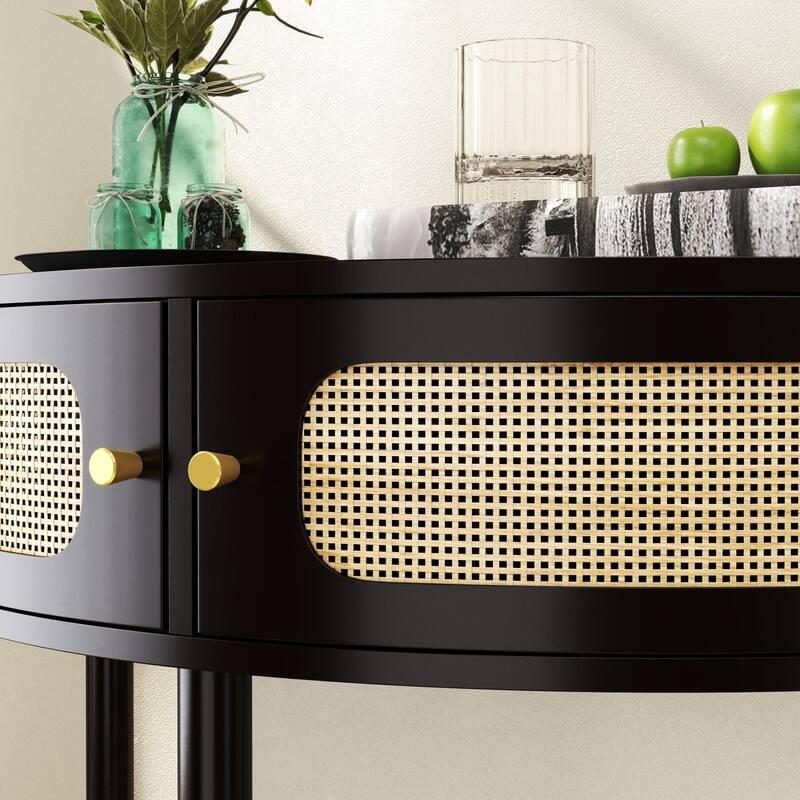 Half Moon Rattan Console Table - Curved Entryway Table with 2 Drawers and Shelf