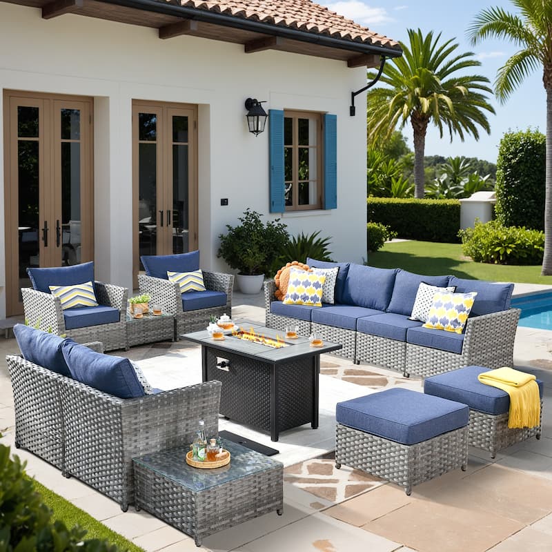 XIZZI 13-piece Outdoor Patio Wicker Furniture Set with Fire Table - Denim Blue