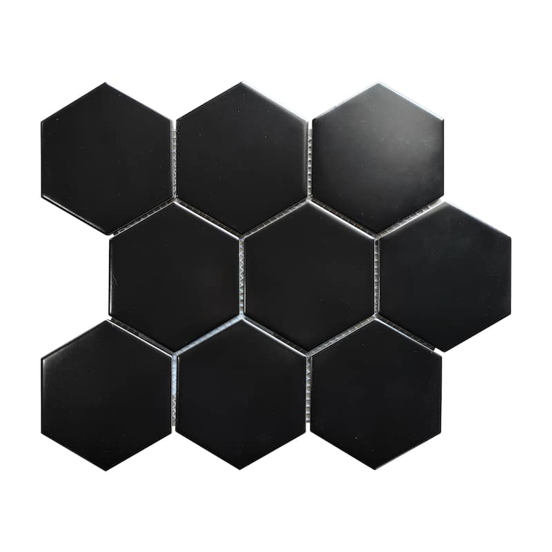 Porcelain Mosaic Tiles - White 4" Hexagon Mosaic Tiles - Case (10 Sheets) - Black
