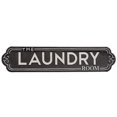 18x4 Inch Black Metal Laundry Room Sign with Raised White Border and Wall Hooks for Wall Decor - 4”L x 18”W x 0.25”H