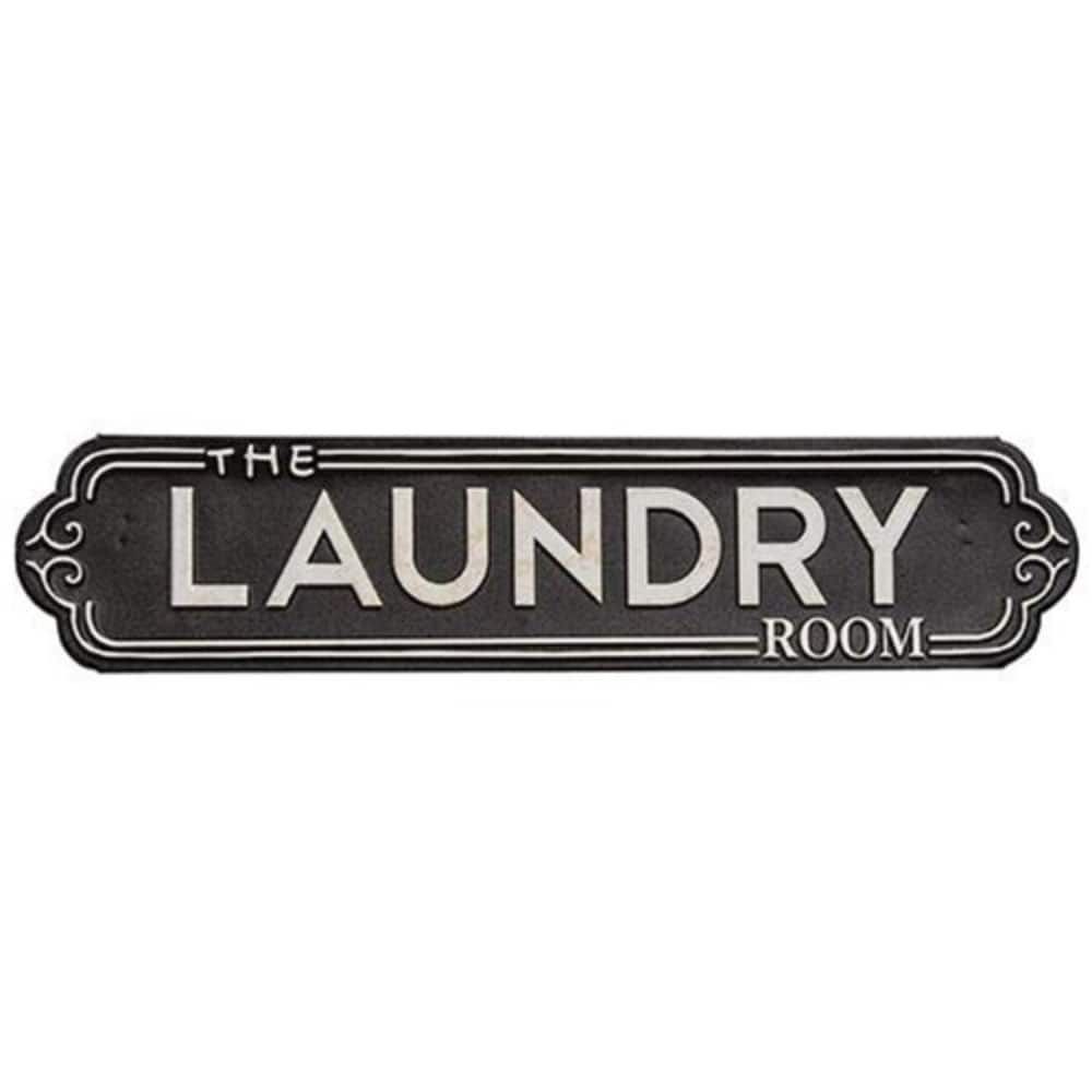 18x4 Inch Black Metal Laundry Room Sign with Raised White Border and Wall Hooks for Wall Decor - 4”L x 18”W x 0.25”H