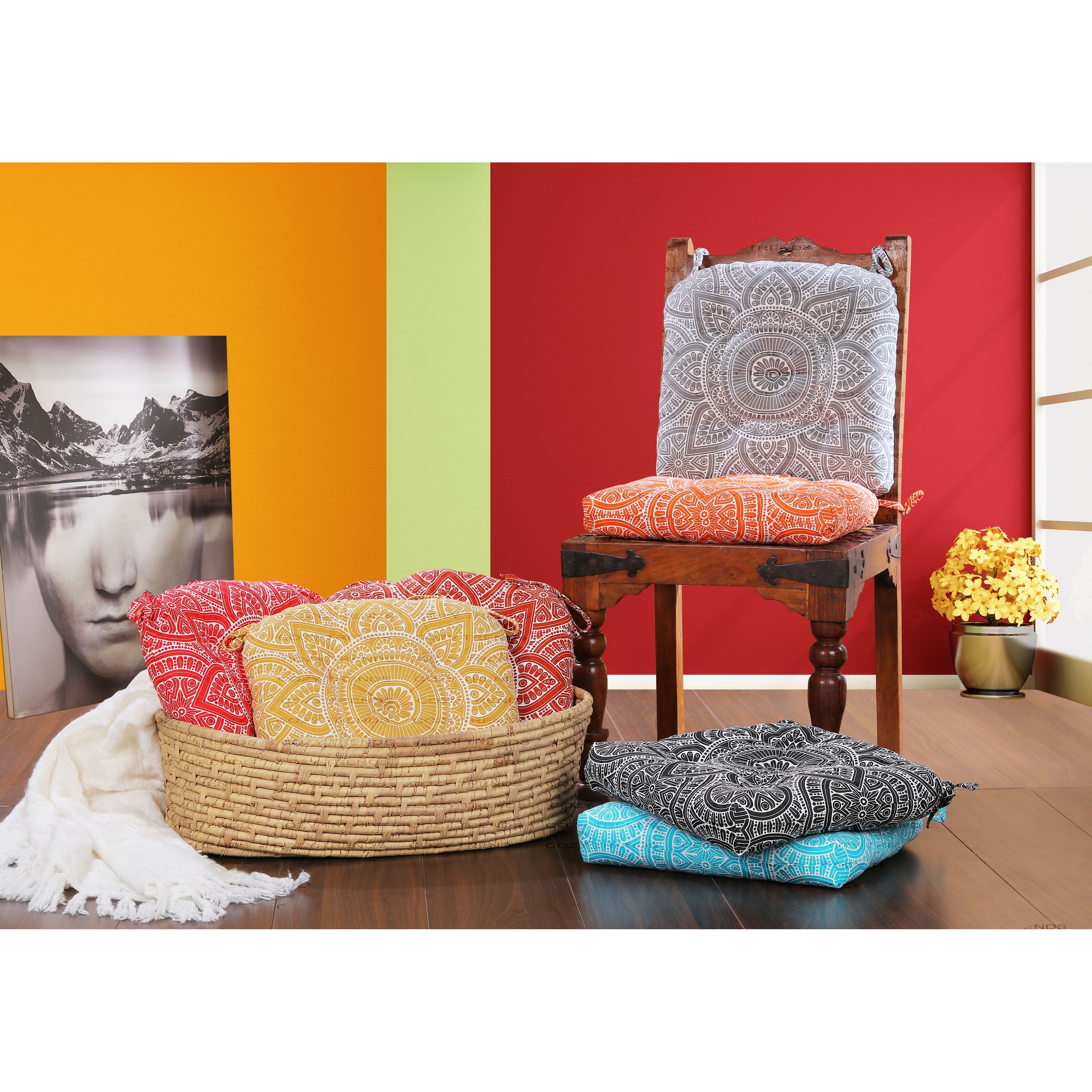 Handmade Cotton Mandala Chair Pads Cushion 16" – Thick Chair Pads with Ties (Set of 2)