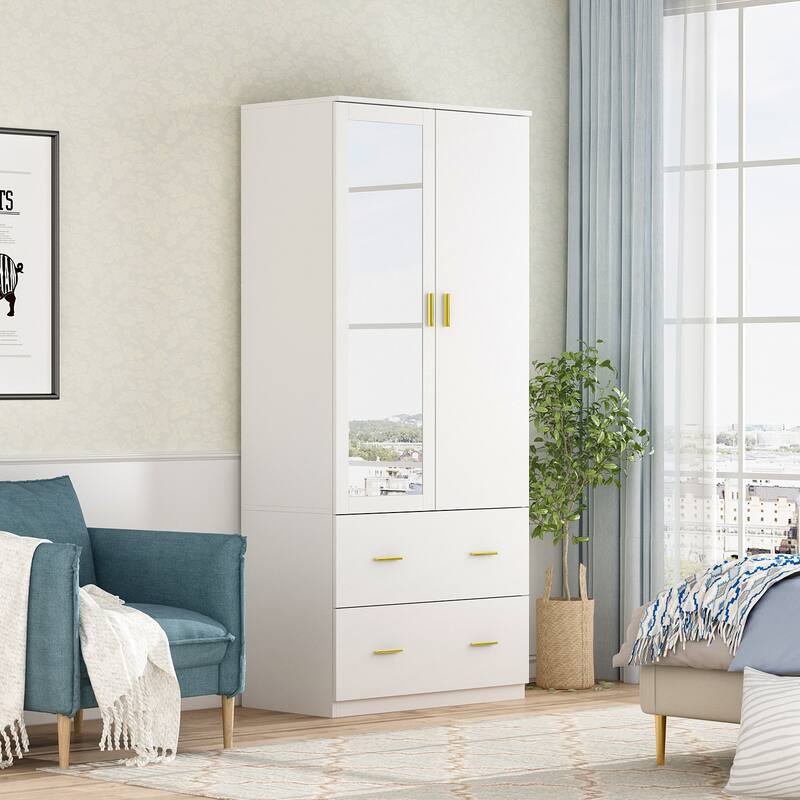 31.5"W x 72"H Two Door Wardrobe With Mirror White/Dark Brown Armoires - 31.5"W x 72"H