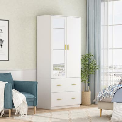 31.5"W x 72"H Two Door Wardrobe With Mirror White/Dark Brown Armoires - 31.5"W x 72"H