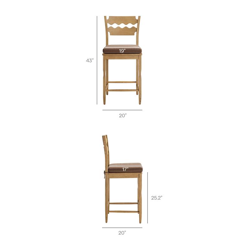 Jax Oak Wood Counter Stool With Wavy Razor Back and Cushion