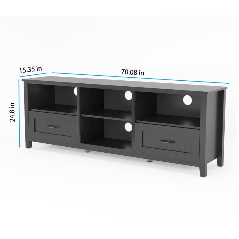 Contemporary TV Stand with 4 Open Storage Compartments and 2 Drawers, Fits 60 TVs, 70 W.