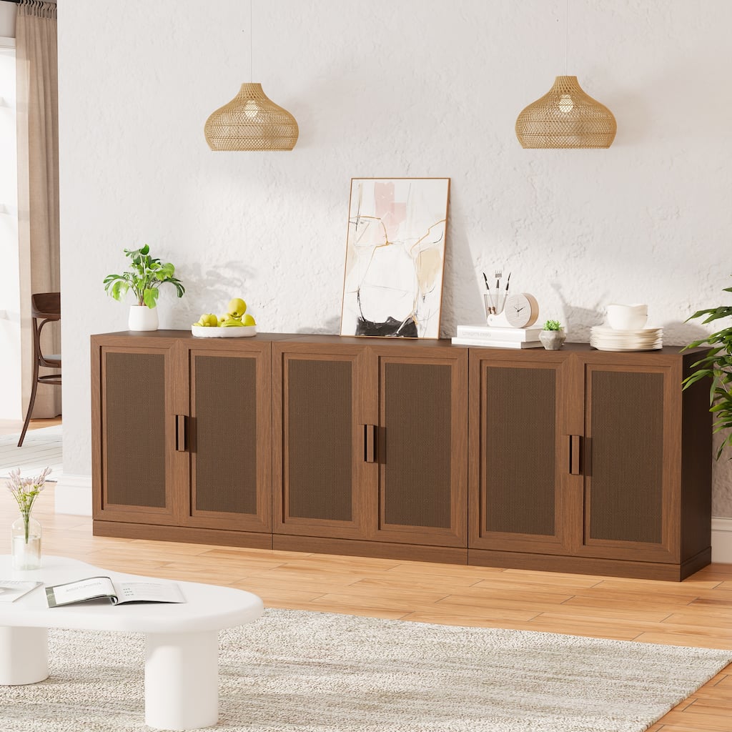 3-Set Rattan Door Sideboard Buffet Storage Cabinets with Adjustable Shelves - 93"Lx31"H