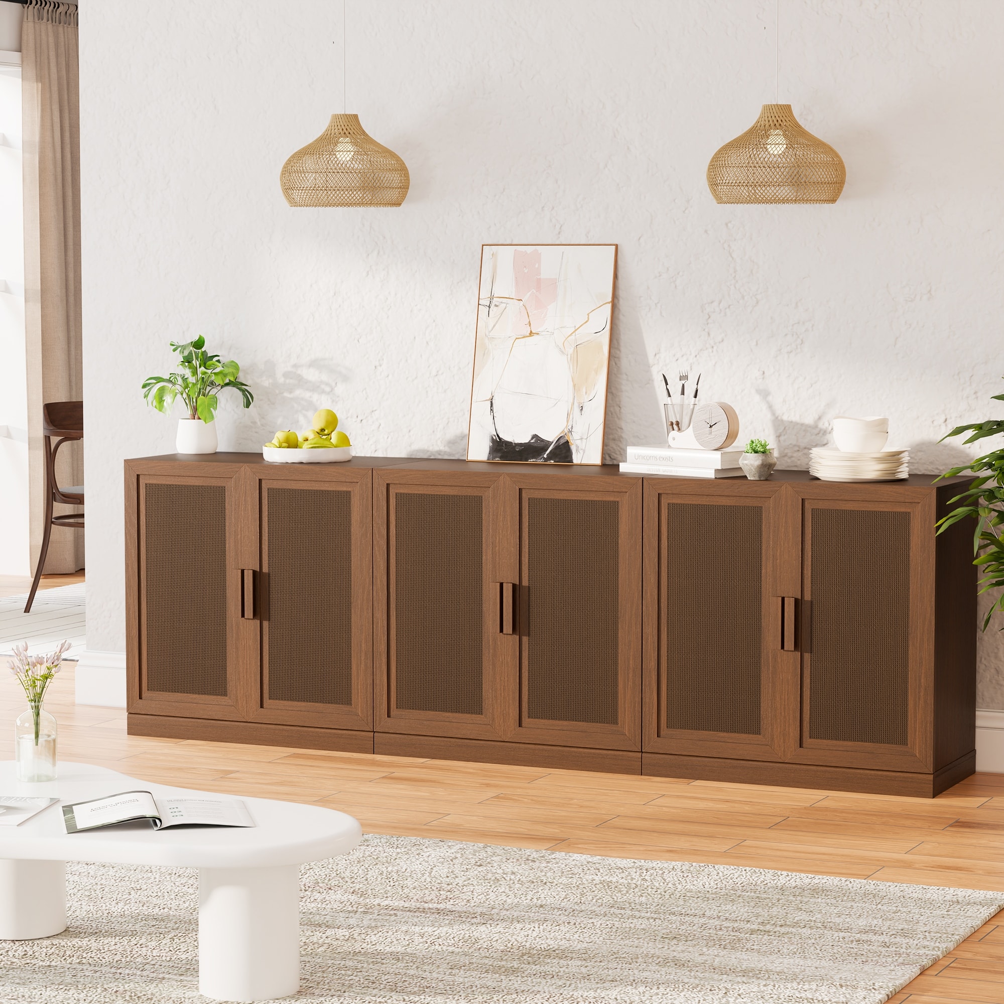 3-Set Rattan Door Sideboard Buffet Storage Cabinets with Adjustable Shelves - 93"Lx31"H