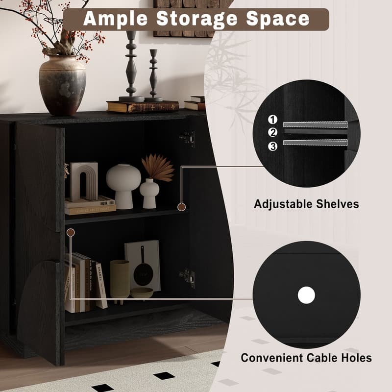 4-Door Large Storage Sideboard, Wood Sideboard Cabinet with Semi-Circular Handles and Adjustable Shelves