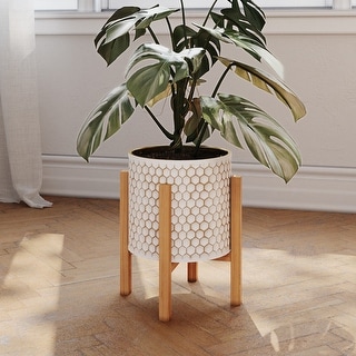 Honeycomb Mid-Century Modern Planter with 4-Leg Wood Base