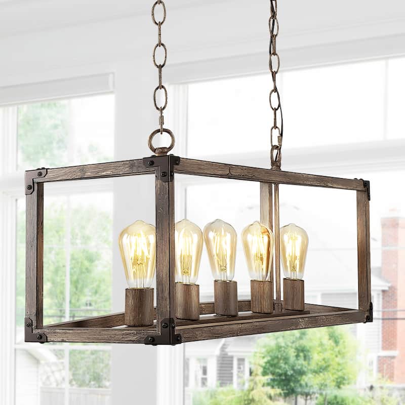 Zeniba 36" 5-Light Linear Adjustable Iron Rustic Farmhouse LED Pendant, Brown by JONATHAN Y - Brown/Oil Rubbed Bronze