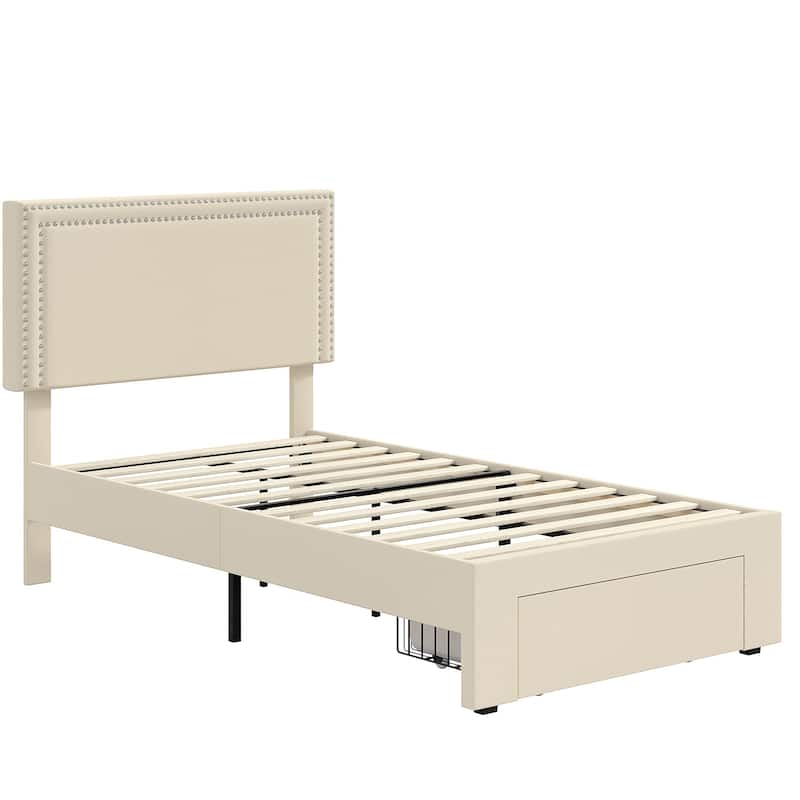 VECELO Set of 2 Twin Beds with Rolling Underbed Drawer Height Adjustable Headboard Rivet-Trimmed Headboard Twin Beds