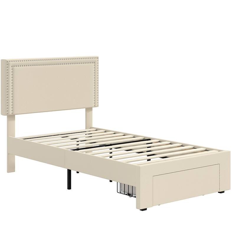 VECELO Upholstered Storage Bed Frames with 4 Storage Drawers, Platform Bed Frame with Adjustable Velvet Rivets Headboard