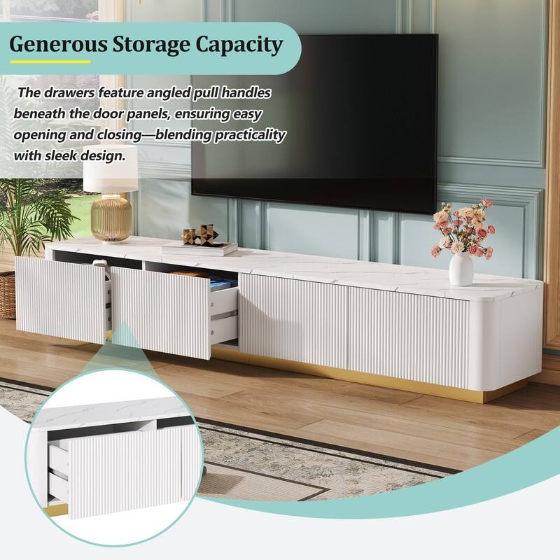 Luxury Fluted TV Stand for 85" TVs - Faux Marble Console with Gold Base & Curved Design