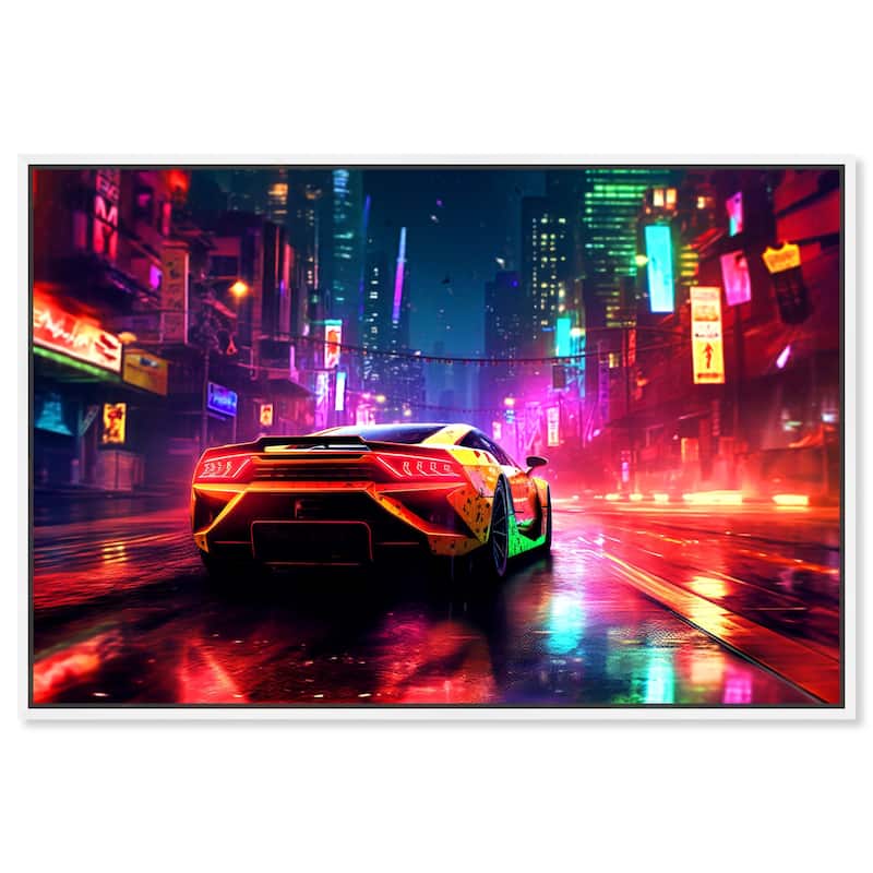 Notoriart City Night Drive Framed Car 1 Piece Canvas Wall Art - 46 x 31 - White