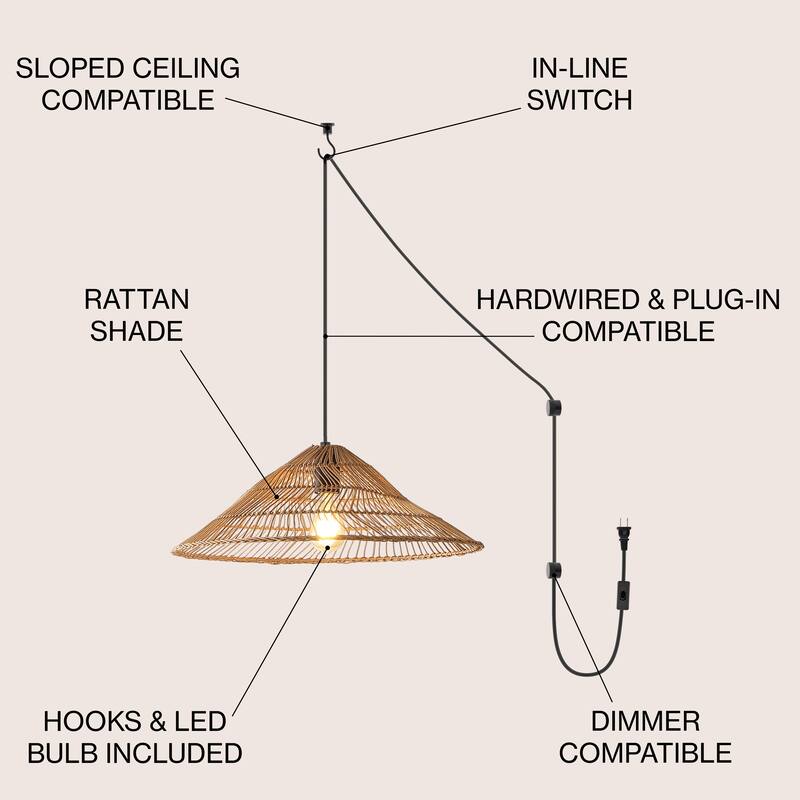 Lucas 1-Light Farmhouse Coastal 180" Cord Plug-In or Hardwired LED Pendant, by JONATHAN Y