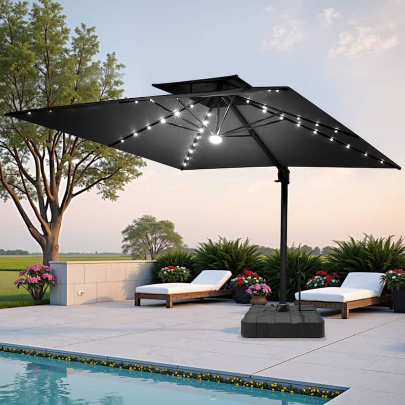 Pellebant 9x11 FT Outdoor Patio Double Top Cantilever Umbrella Solar LED Lighted with Rod Base