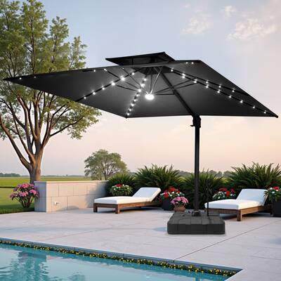 Pellebant 9x11 FT Outdoor Patio Double Top Cantilever Umbrella Solar LED Lighted with Rod Base