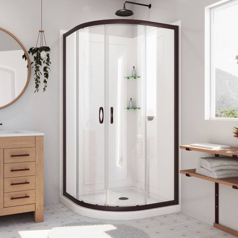DreamLine Prime 38 in. x 38 in. x 76 3/4 in. H Shower Enclosure, Shower Base and Acrylic Backwall Kit - 38" x 38" - Oil Bronze; White; Clear Glass