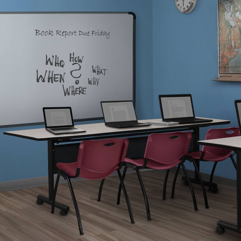 84" x 24" Flip Top Mobile Training Table with Modesty Panel- Maple and 3 "M" Stack Chairs- Burgundy
