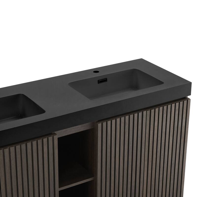 GDFStudio - Galan 60" Freestanding Bathroom Vanity with Quartz Sink, Solf Close Doors, Open Storage Shelf, NO Drain & Faucet