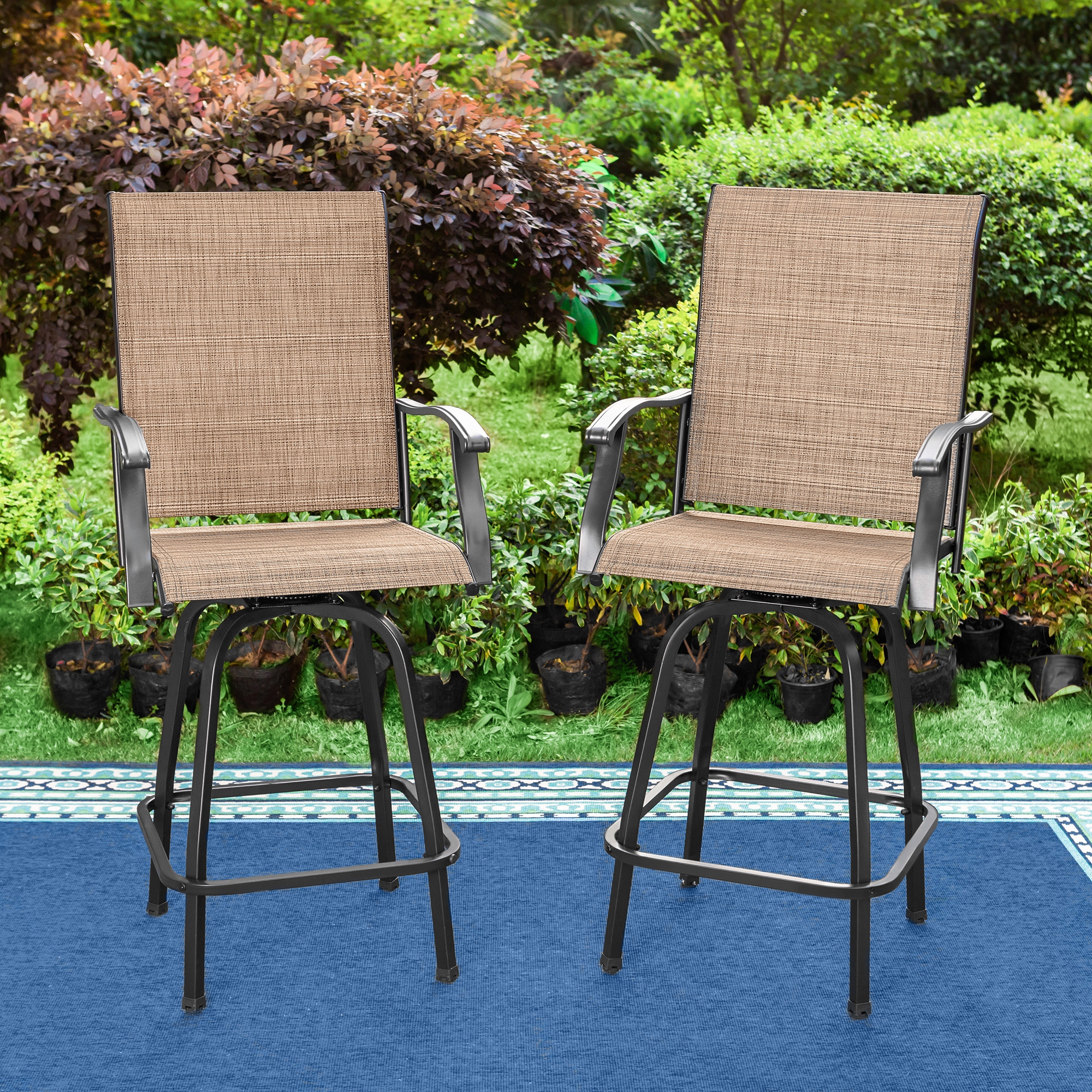 PHI VILLA Outdoor All Weather Swivel Patio Bar Stools With Arms