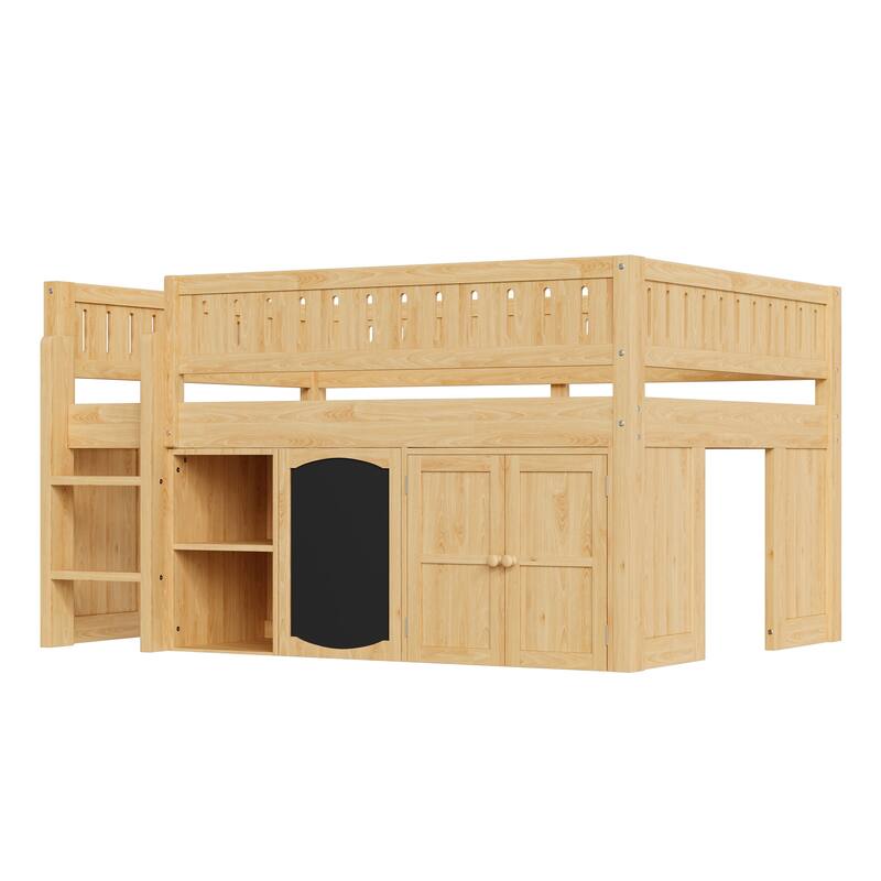 GDFStudio - Solid Wood Full Size Loft Bed with Storage & Chalkboard Panel