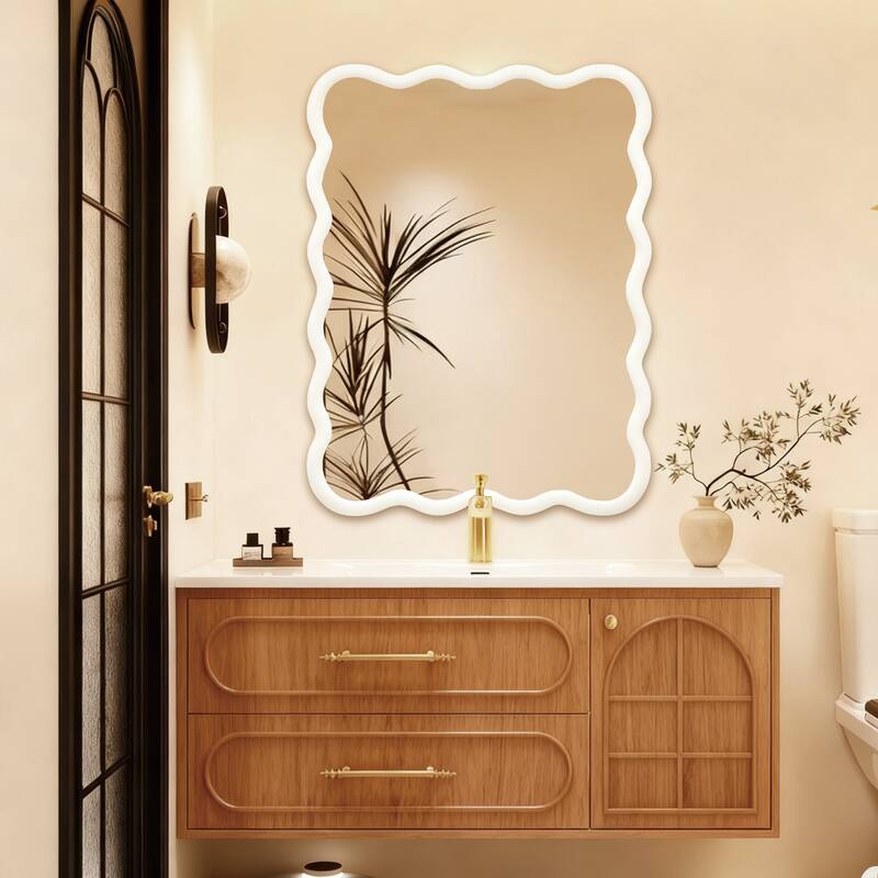 Wavy Rectangle Solid Wood Frame Decorative Mirror - White