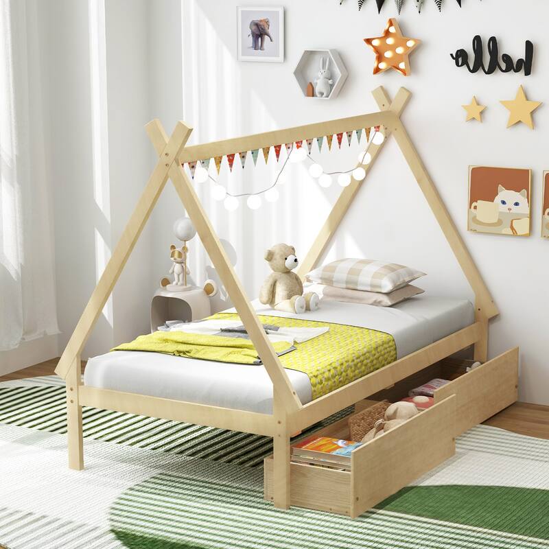 Kids Twin Size Wooden House-Shaped Platform Bed with Storage Drawers for Boys and Girls