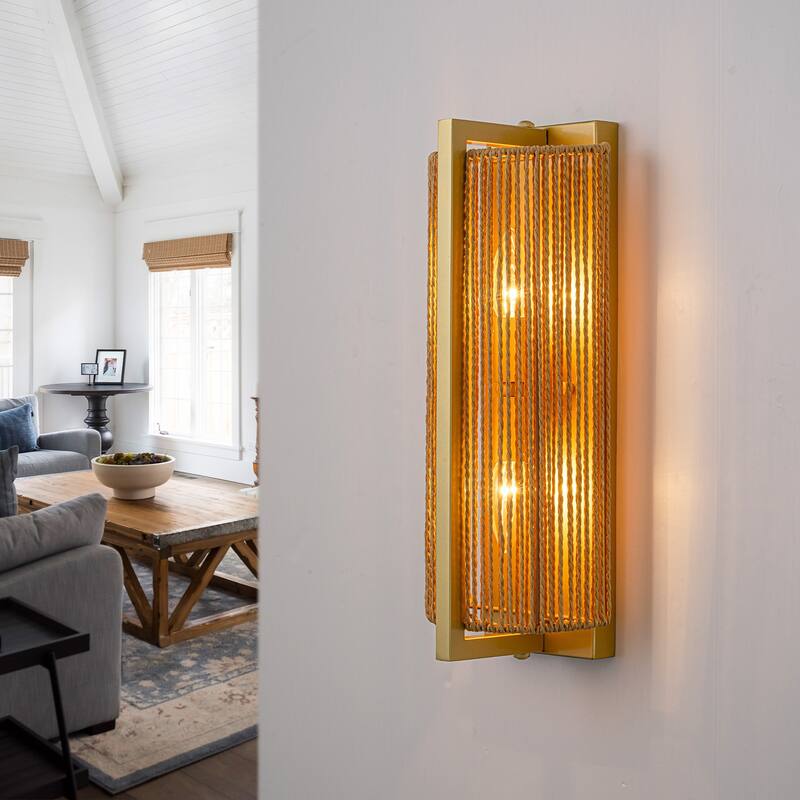 1-Light Gold Wall Sconce with Woven Rope Shade - 6.3" W × 5.1" D × 16.1" H