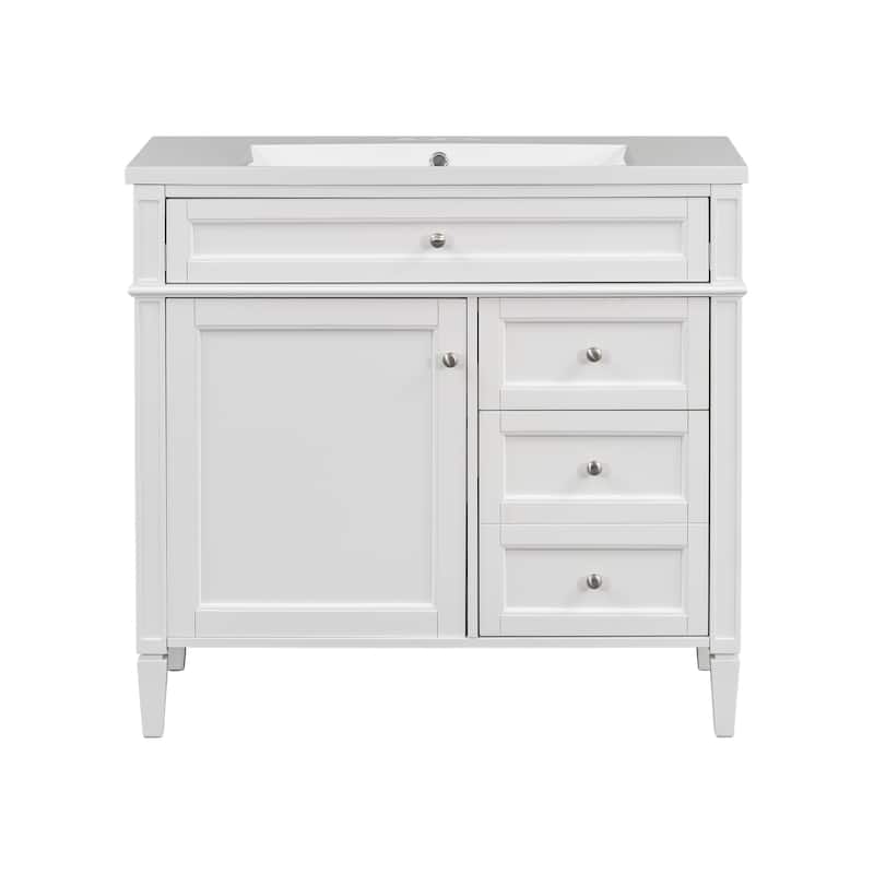 Modern Storage Cabinet Bathroom Vanity with Resin Sink, Tip-out Drawer, 2 Drawers, Side Door Organizer and Adjustable Shelf