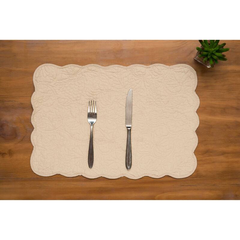 Christiana Khaki Reversible Machine Washable Scallop Quilt Placemats Set of 6 - Beige