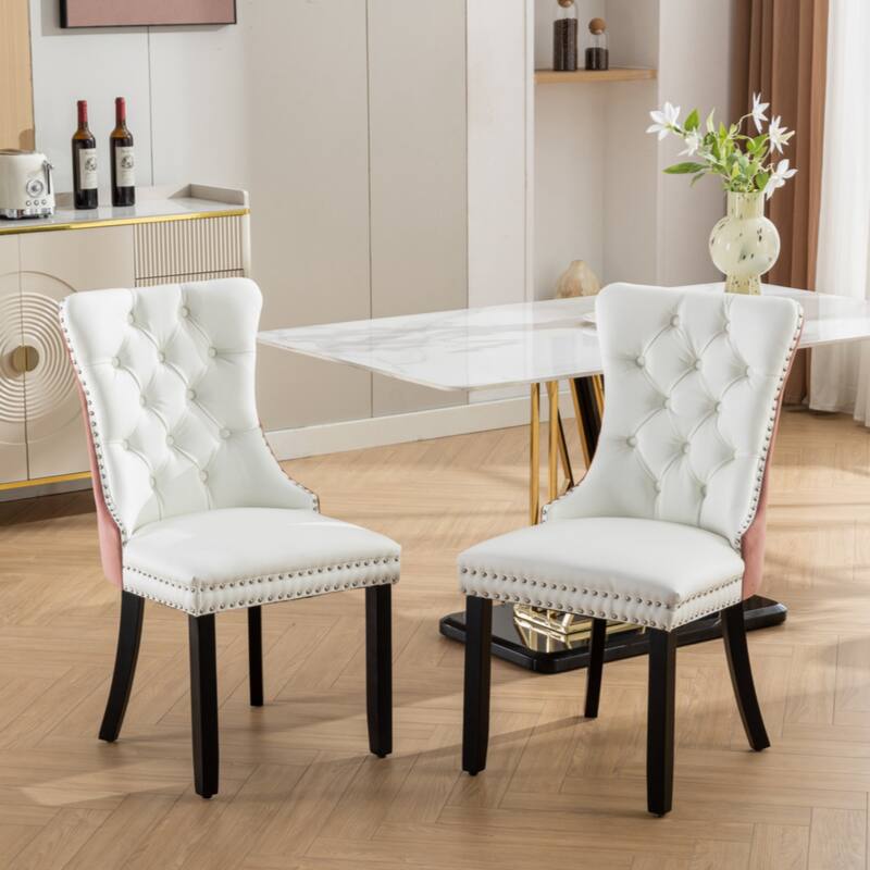 High-end Tufted Solid Wood Contemporary PU and Velvet Upholstered Dining Chair with Wood Legs Nailhead Trim 2-Pcs Set