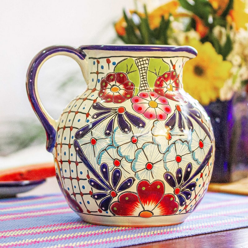 NOVICA Artisan Handblown Ceramic Pitcher Colorful Talaverastyle Multicolor Mexico Tableware Drinkware 'Colors Of Mexico'