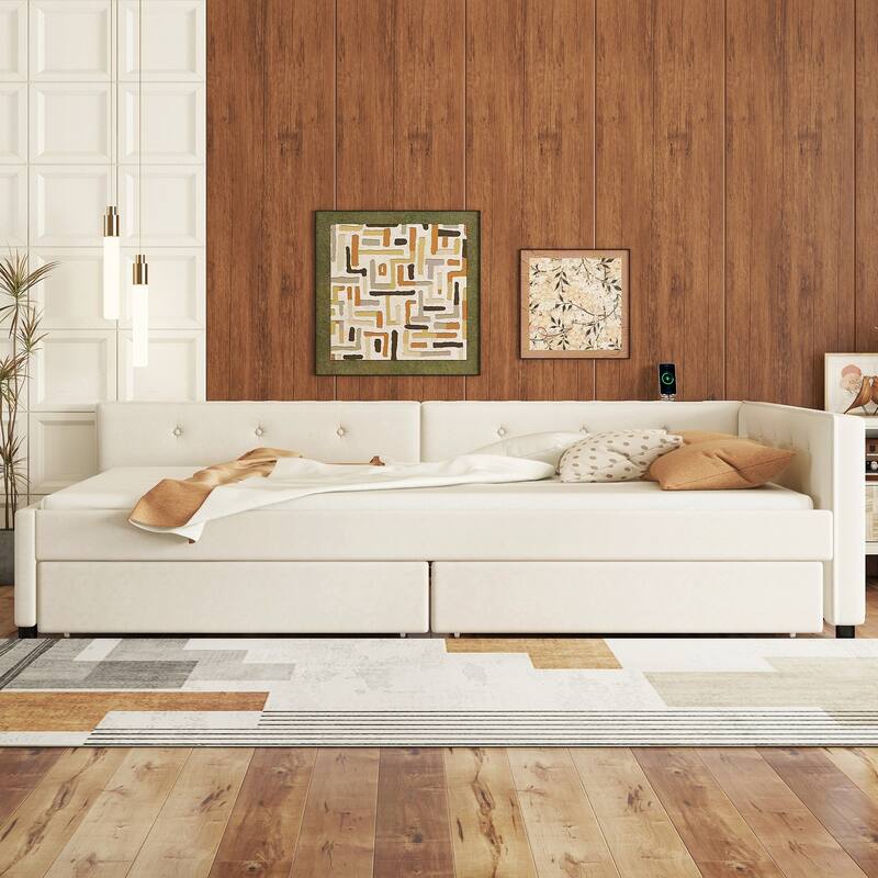 Beige Upholstered Daybed Platform Bed with 2 Storage Drawers Underbed, USB Charging, Linen Fabric, Wood Slat Daybed Frame