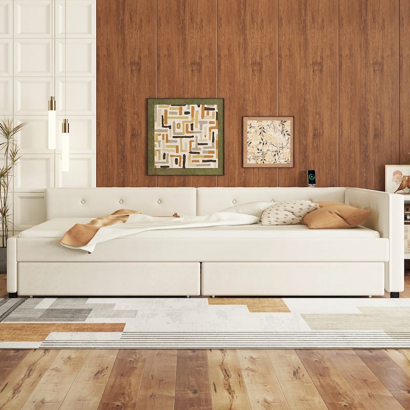 Full Size Upholstered Platform Bed with USB Ports and Storage Drawers, Beige