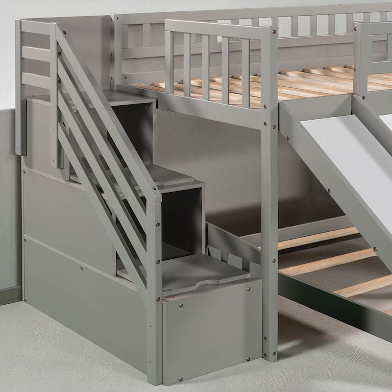 Stairway Twin over Twin Bunk Bed with Slide and 2 Drawers, Reversible Ladder and Guardrails
