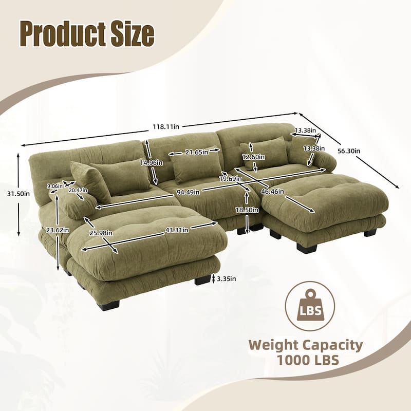Pelletized Velvet U-shaped Sectional Sofa Modular Chaise Lounge Couch with 2 Ottomans, Deep Seat, Bolster Arms and Pillows