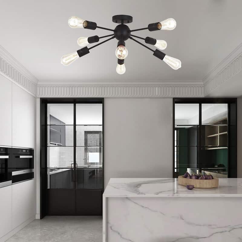 Modern 8 Light Sputnik Chandelier Light Fixtures Black Semi Flush Mount Ceiling Lighting Industrial Vintage
