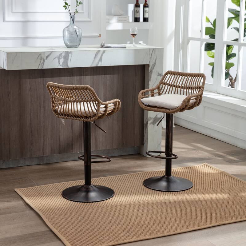 360° Swivel Bar Stools Set of 2, Adjustable Counter Height Chairs with Footrest, Rattan Bar Chairs with Cushions