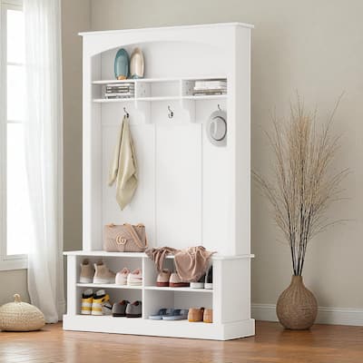 47.2 in Hall Tree with Bench & Shoe Storage, 3 Hooks, Adjustable Shelves, Modern Entryway Coat Rack 75.3 in H