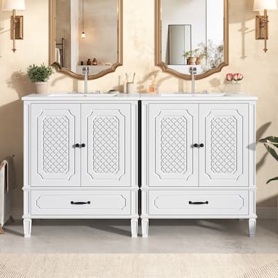 60" Bathroom Vanity with Double Ceramic Sink Combo Set, 2 Free Standing Cabinet with Soft-closing Door Organizers, 2 Drawers