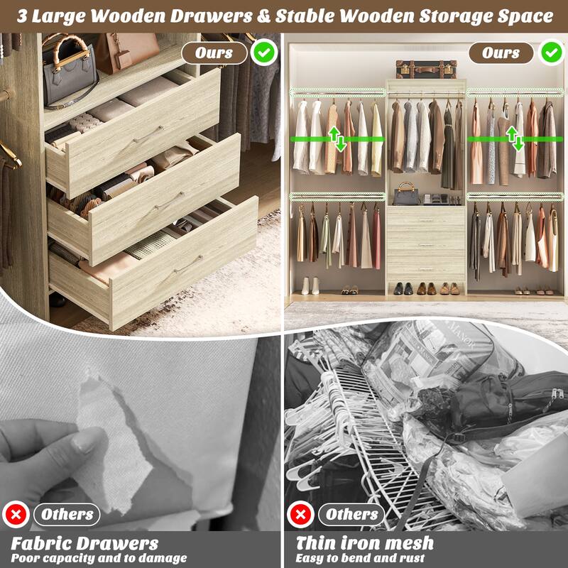 Cimly 118'' Closet Organizer with 3 Wooden Drawers, Adjustable Closet System with 5 Hanging Rods
